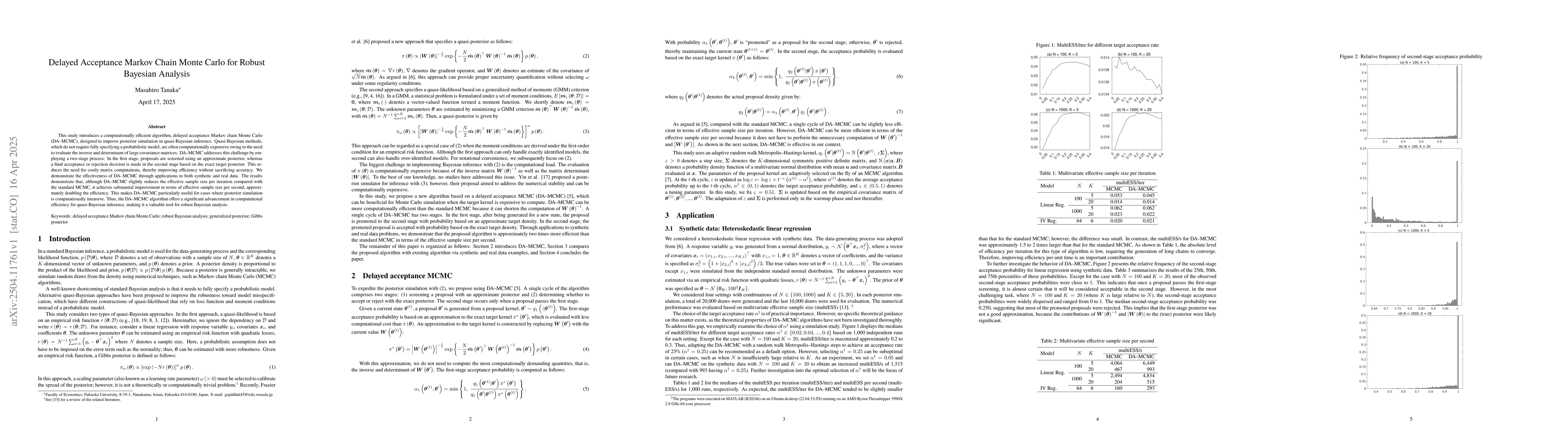 Thumbnail for Delayed Acceptance Markov Chain Monte Carlo for Robust Bayesian Analysis