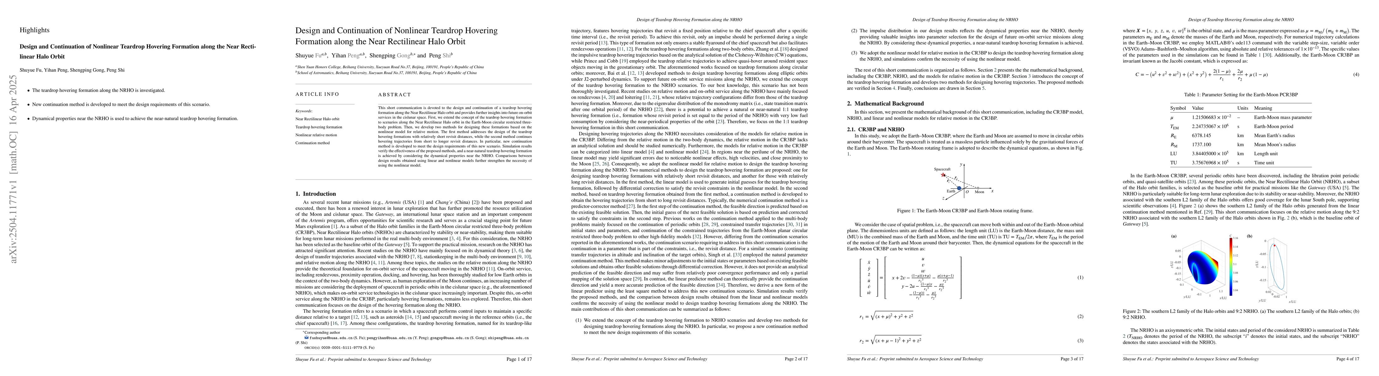 Thumbnail for Design and Continuation of Nonlinear Teardrop Hovering Formation along
  the Near Rectilinear Halo Orbit
