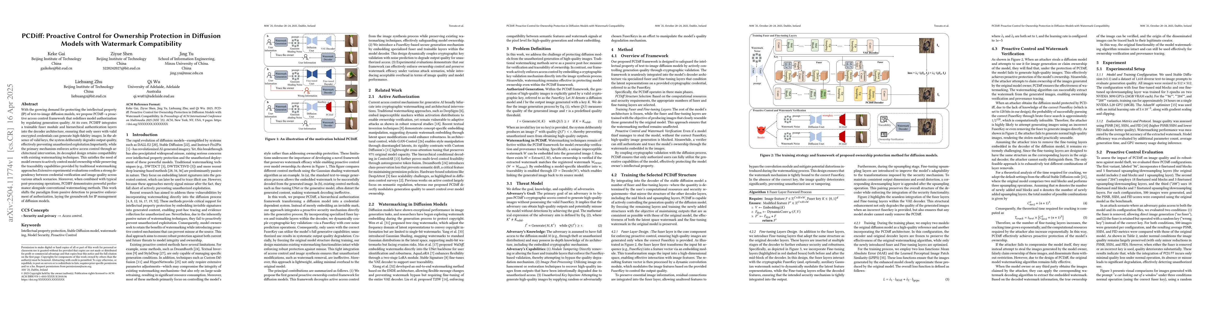 Thumbnail for PCDiff: Proactive Control for Ownership Protection in Diffusion Models
  with Watermark Compatibility