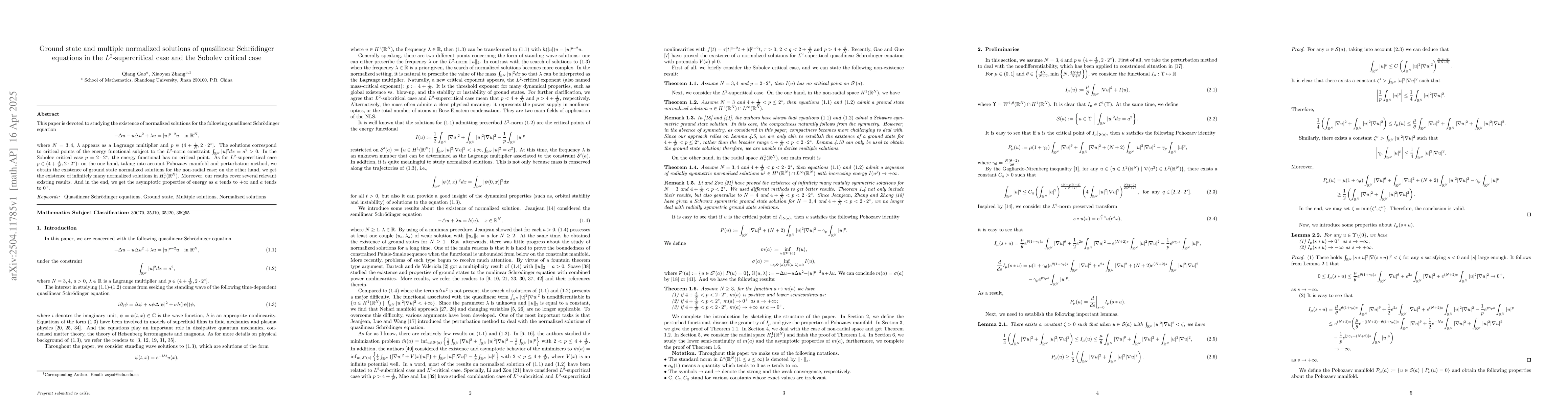 Thumbnail for Ground state and multiple normalized solutions of quasilinear
  Schrödinger equations in the $L^2$-supercritical case and the Sobolev
  critical case