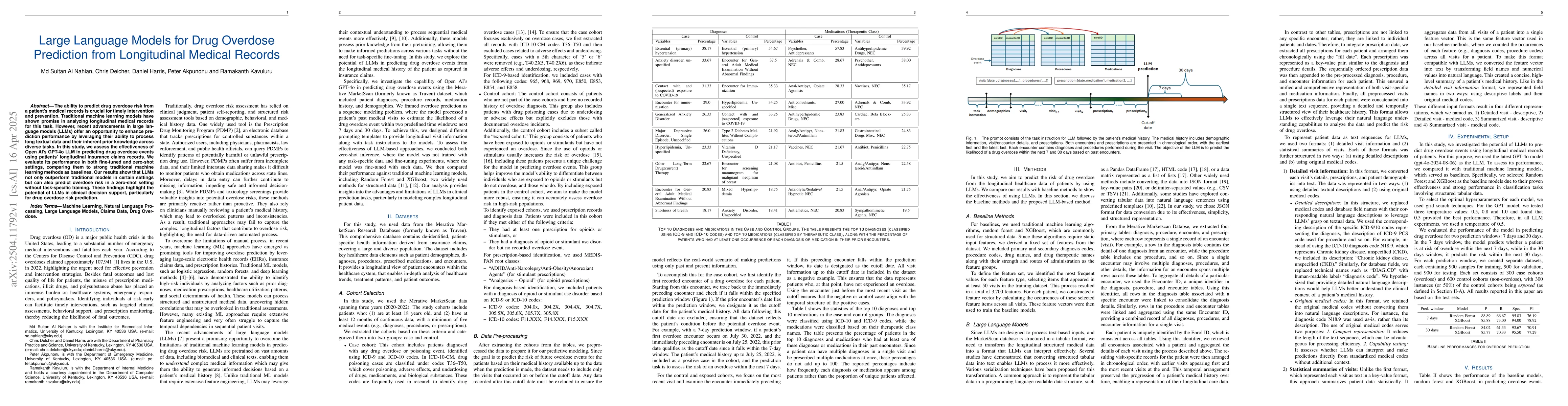 Thumbnail for Large Language Models for Drug Overdose Prediction from Longitudinal
  Medical Records