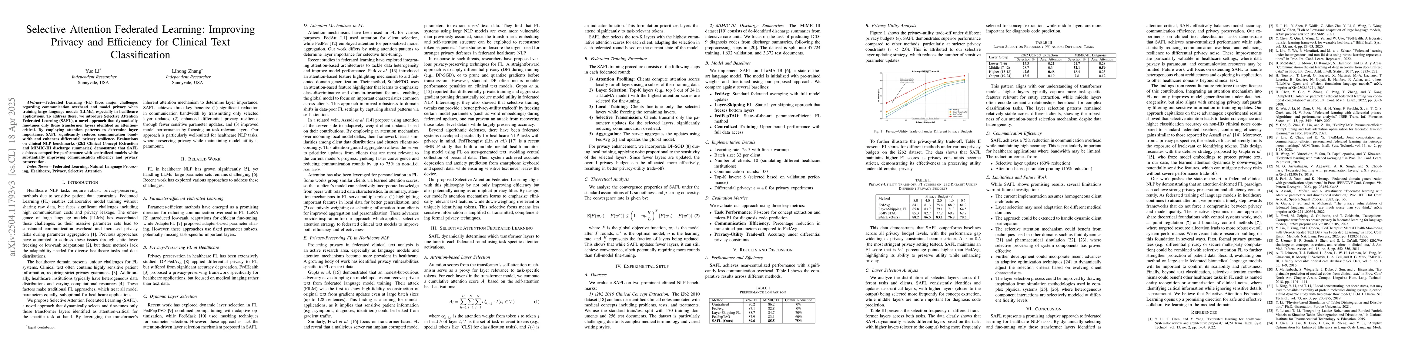 Thumbnail for Selective Attention Federated Learning: Improving Privacy and Efficiency
  for Clinical Text Classification