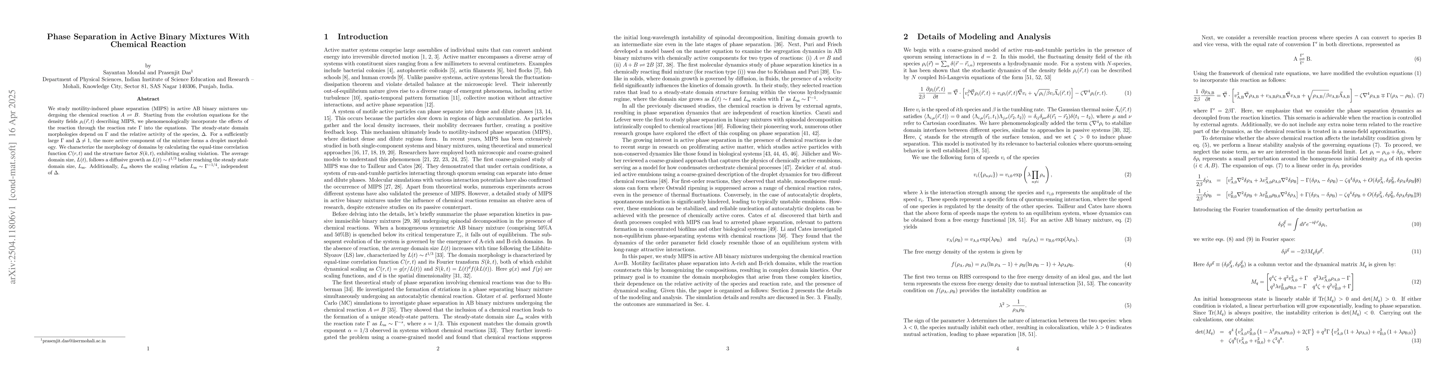 Thumbnail for Phase Separation in Active Binary Mixtures With Chemical Reaction