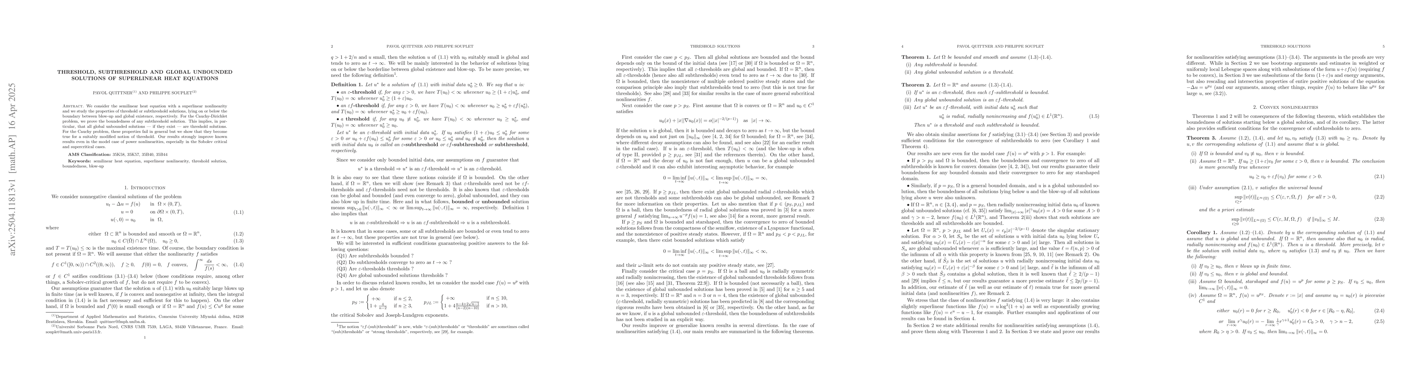 Thumbnail for Threshold, subthreshold and global unbounded solutions of superlinear
  heat equations