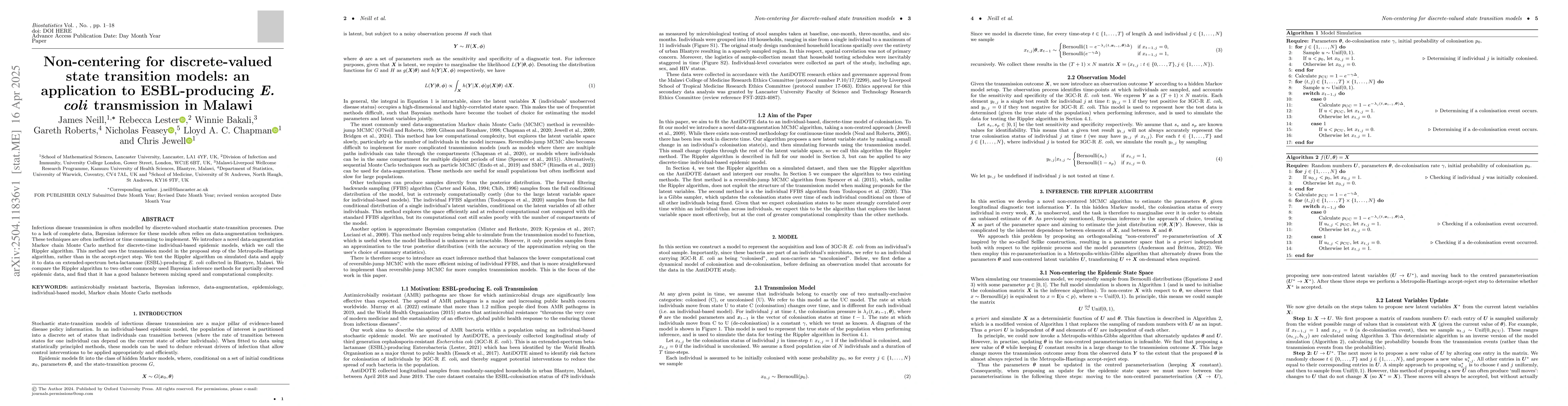 Thumbnail for Non-centering for discrete-valued state transition models: an
  application to ESBL-producing E. coli transmission in Malawi