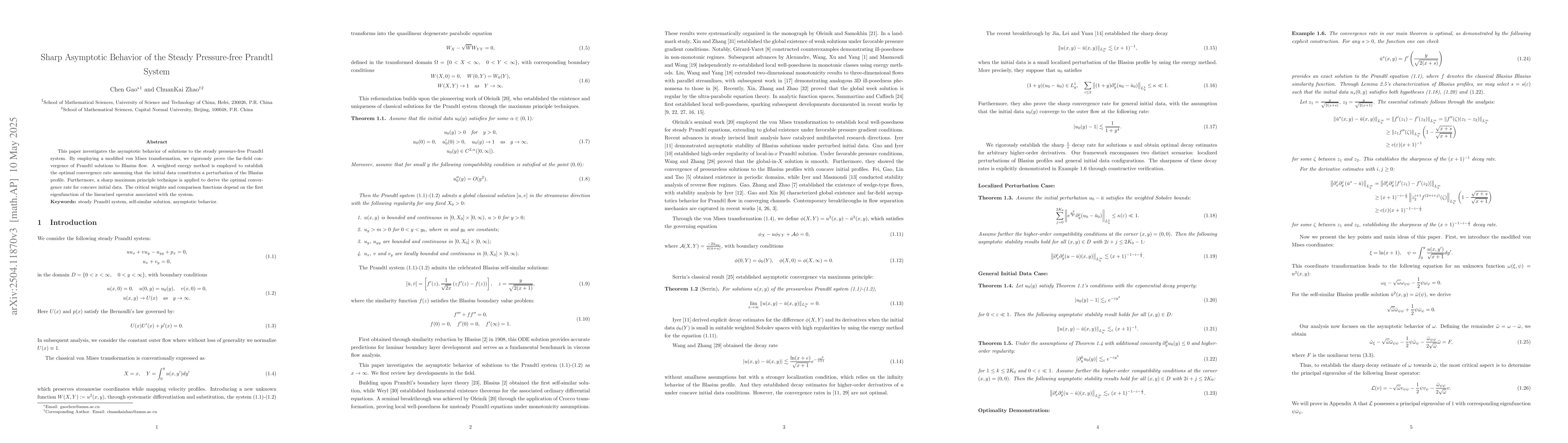 Thumbnail for Sharp Asymptotic Behavior of the Steady Pressure-free Prandtl system
