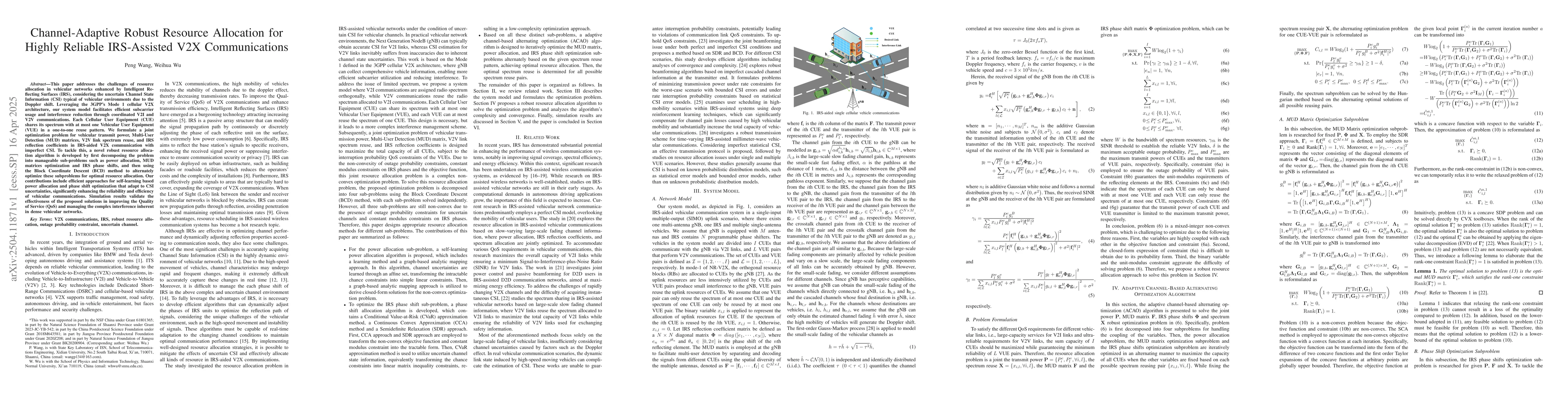 Thumbnail for Channel-Adaptive Robust Resource Allocation for Highly Reliable
  IRS-Assisted V2X Communications