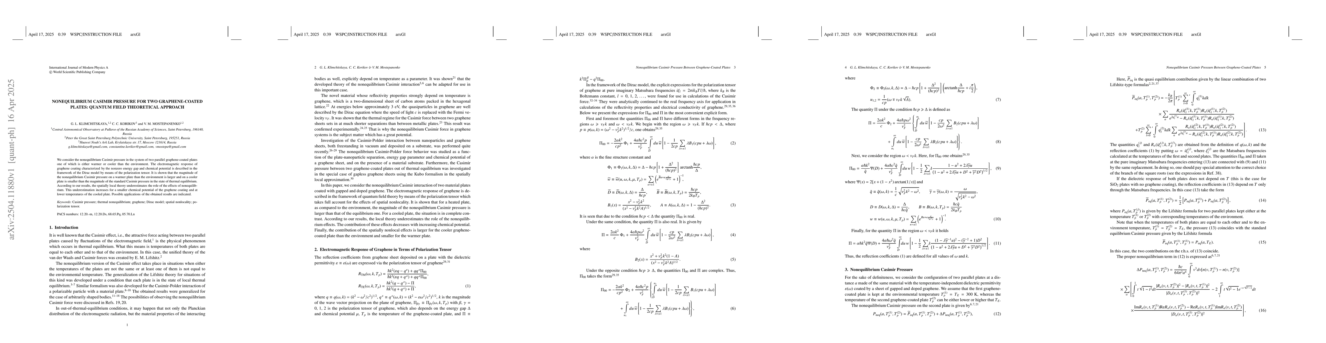 Thumbnail for Nonequilibrium Casimir pressure for two graphene-coated plates: Quantum
  field theoretical approach