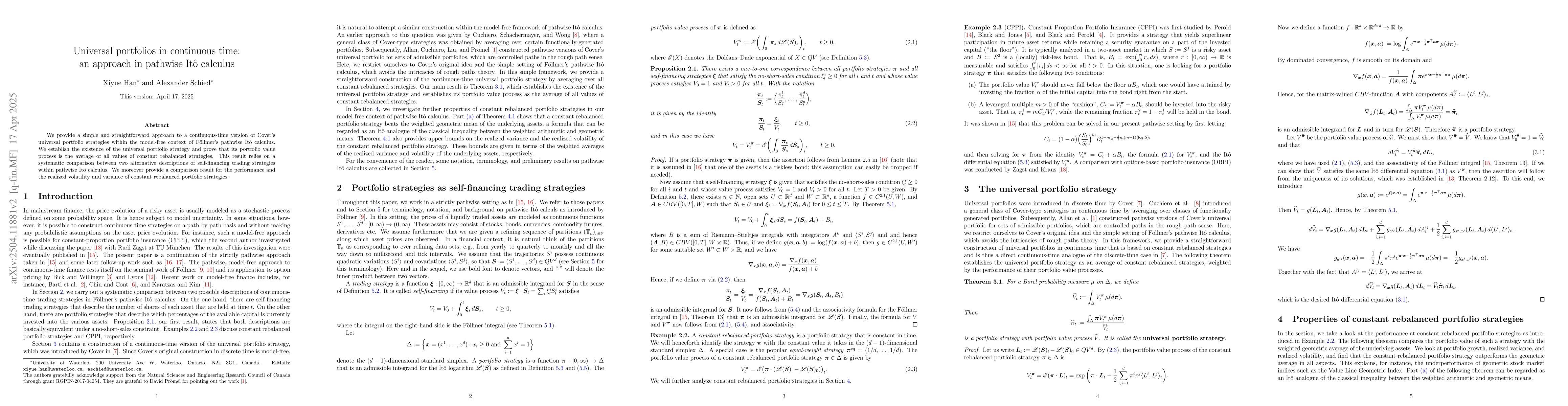 Thumbnail for Universal portfolios in continuous time: an approach in pathwise Itô
  calculus