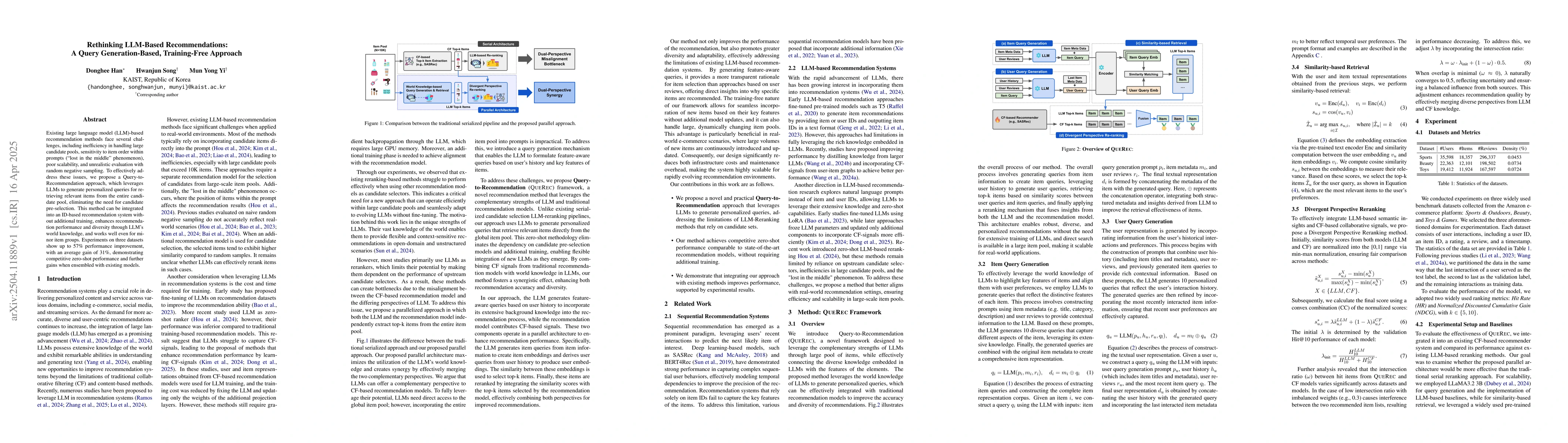 Thumbnail for Rethinking LLM-Based Recommendations: A Query Generation-Based,
  Training-Free Approach