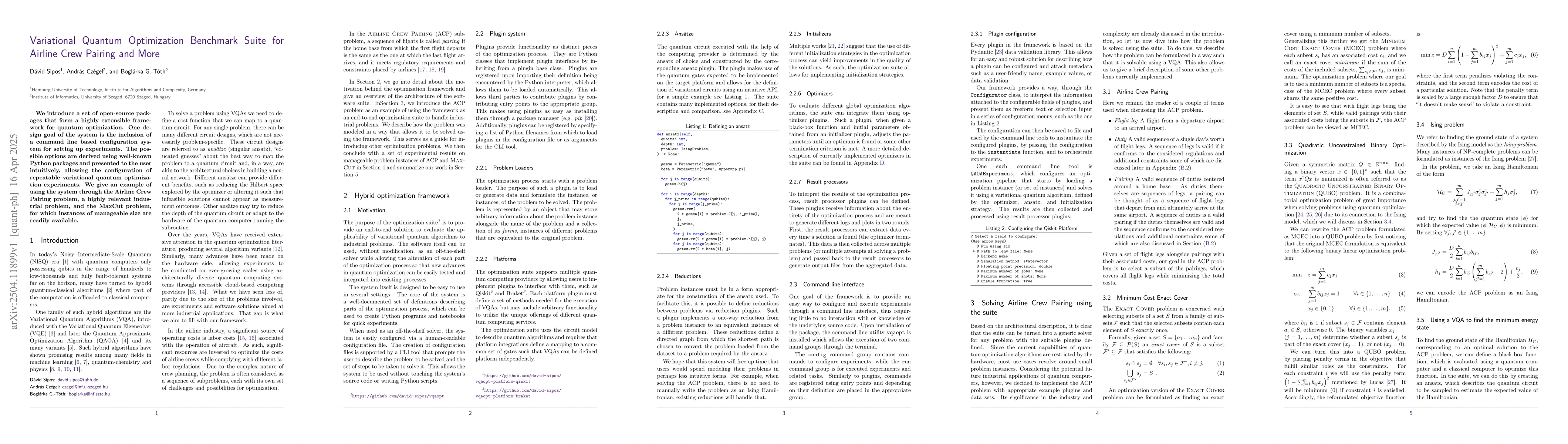 Thumbnail for Variational Quantum Optimization Benchmark Suite for Airline Crew
  Pairing and More