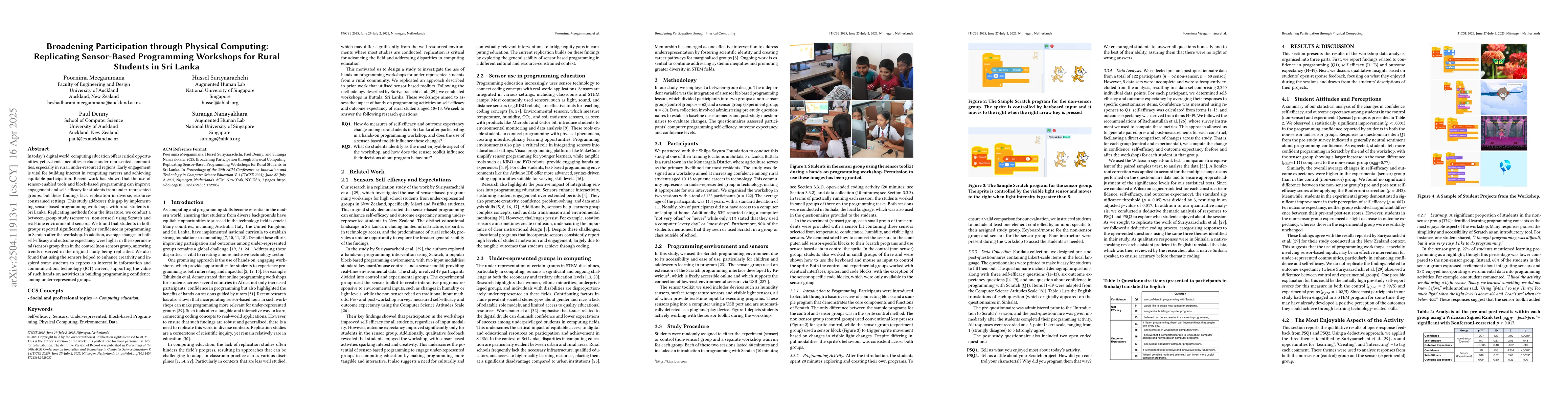Thumbnail for Broadening Participation through Physical Computing: Replicating
  Sensor-Based Programming Workshops for Rural Students in Sri Lanka