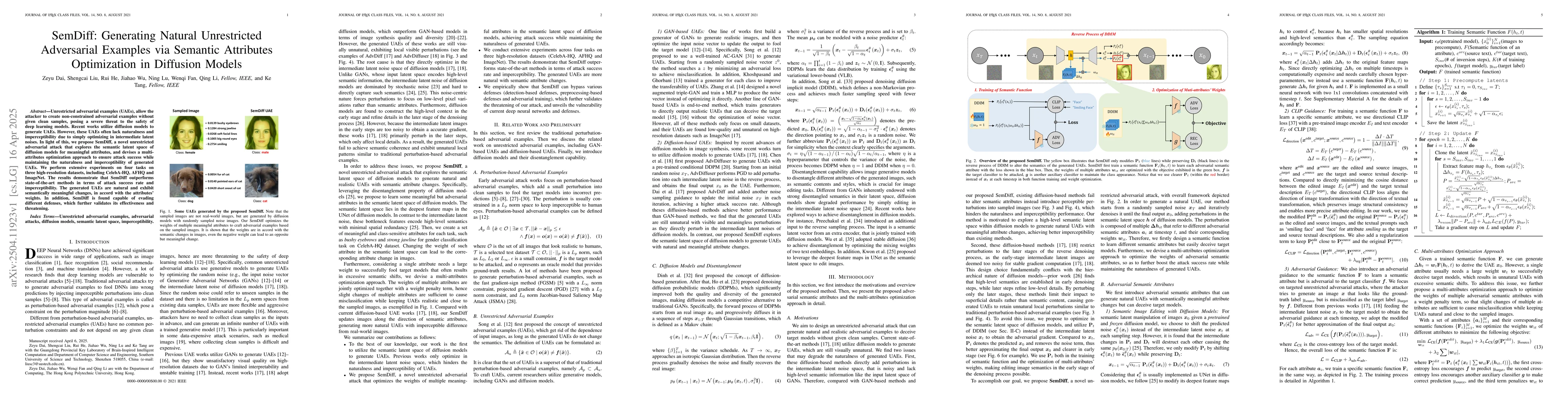 Thumbnail for SemDiff: Generating Natural Unrestricted Adversarial Examples via
  Semantic Attributes Optimization in Diffusion Models