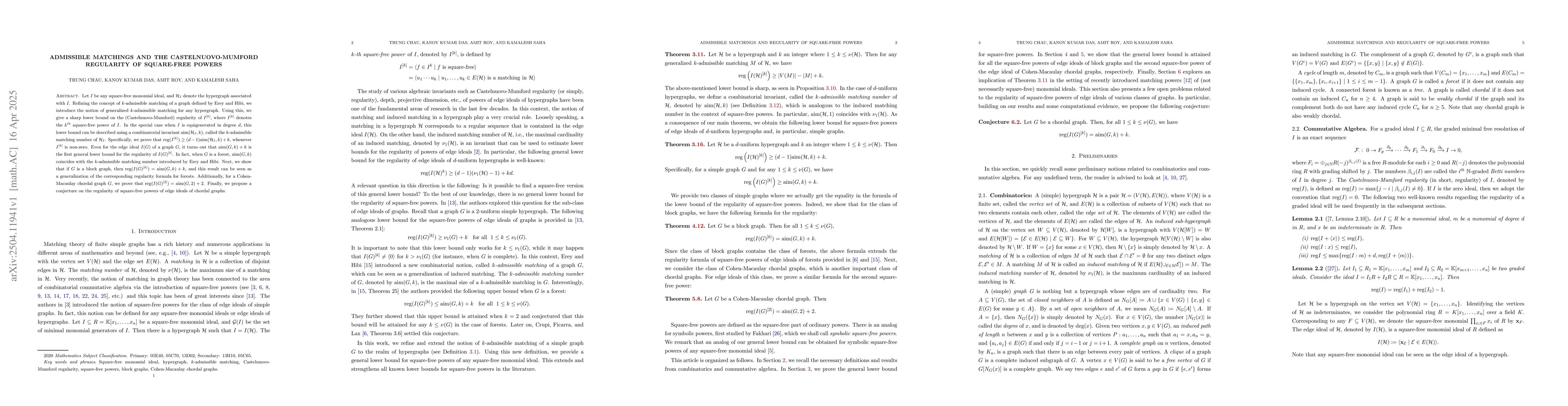 Thumbnail for Admissible matchings and the Castelnuovo-Mumford regularity of
  square-free powers