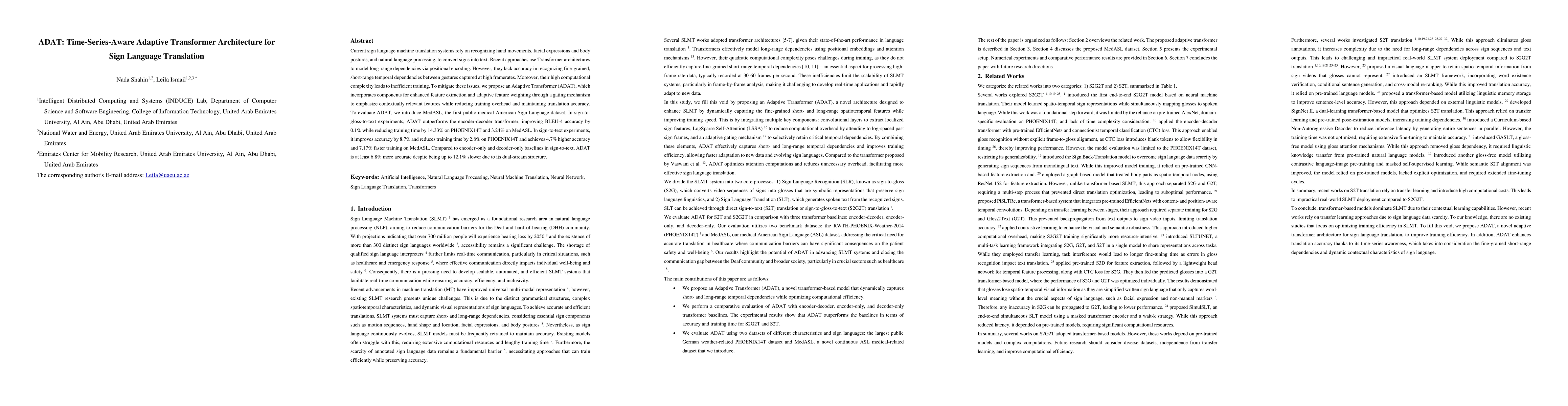 Thumbnail for ADAT: Time-Series-Aware Adaptive Transformer Architecture for Sign
  Language Translation