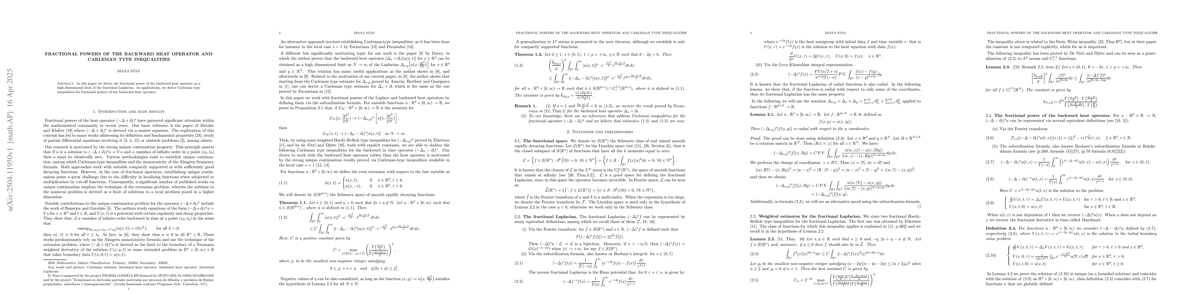 Thumbnail for Fractional powers of the backward heat operator and Carleman type
  inequalities