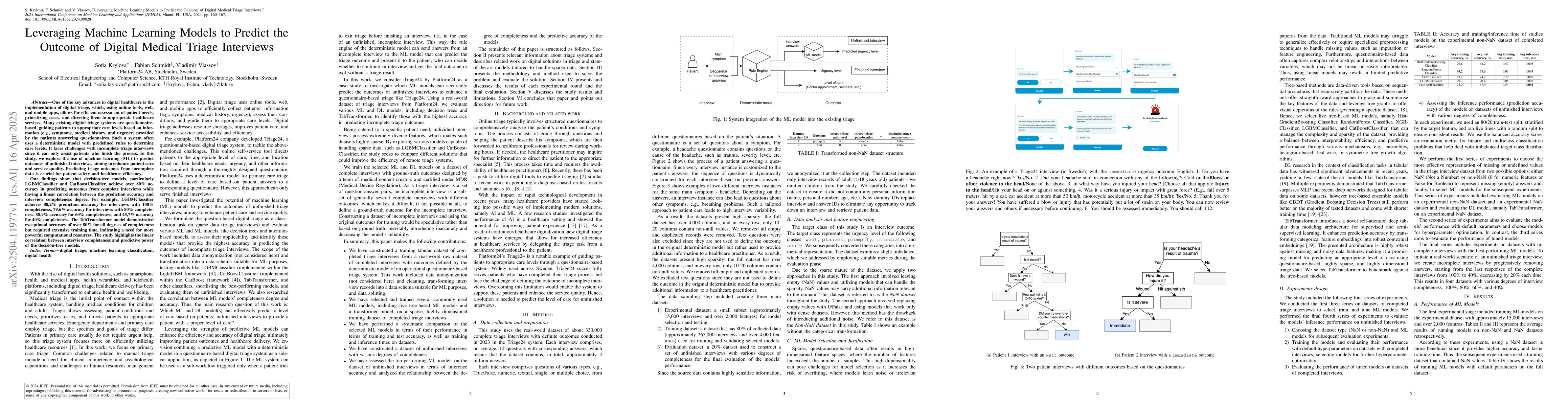 Thumbnail for Leveraging Machine Learning Models to Predict the Outcome of Digital
  Medical Triage Interviews