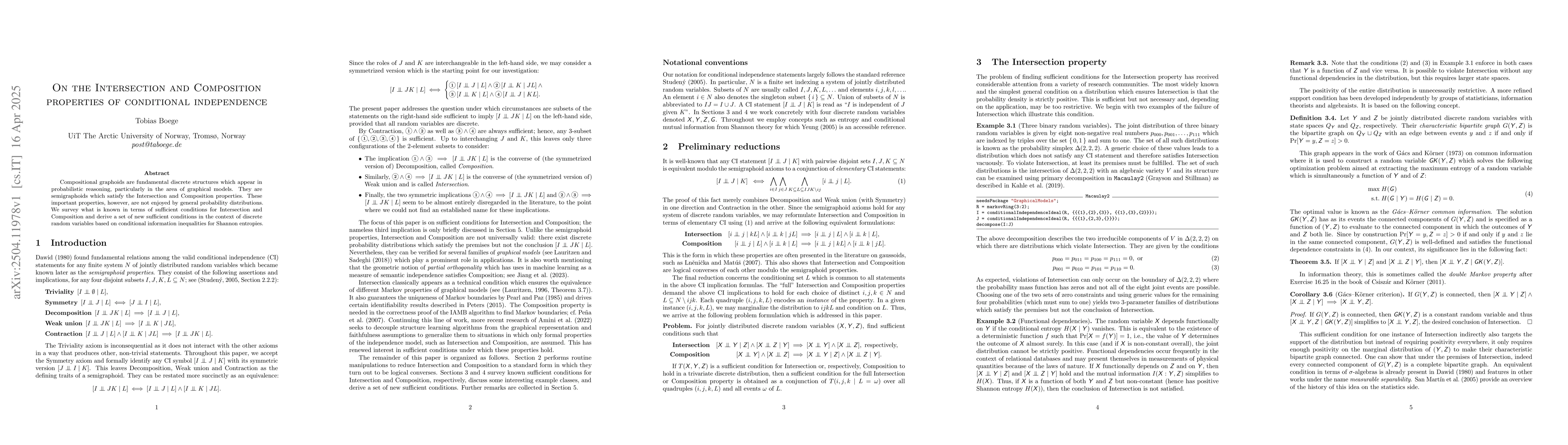 Thumbnail for On the Intersection and Composition properties of conditional
  independence