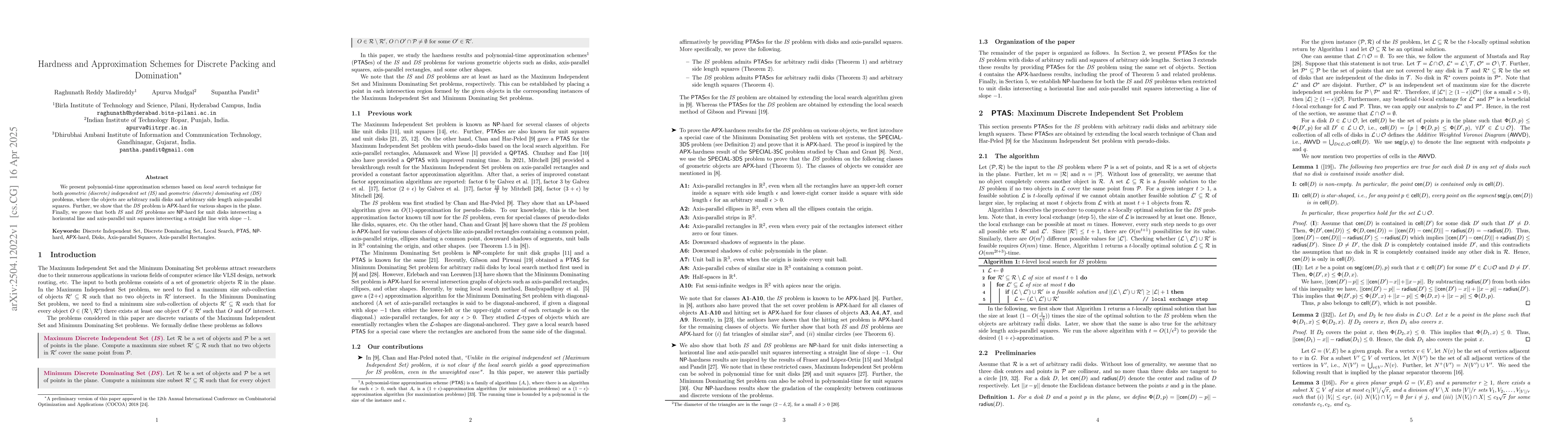 Thumbnail for Hardness and Approximation Schemes for Discrete Packing and Domination