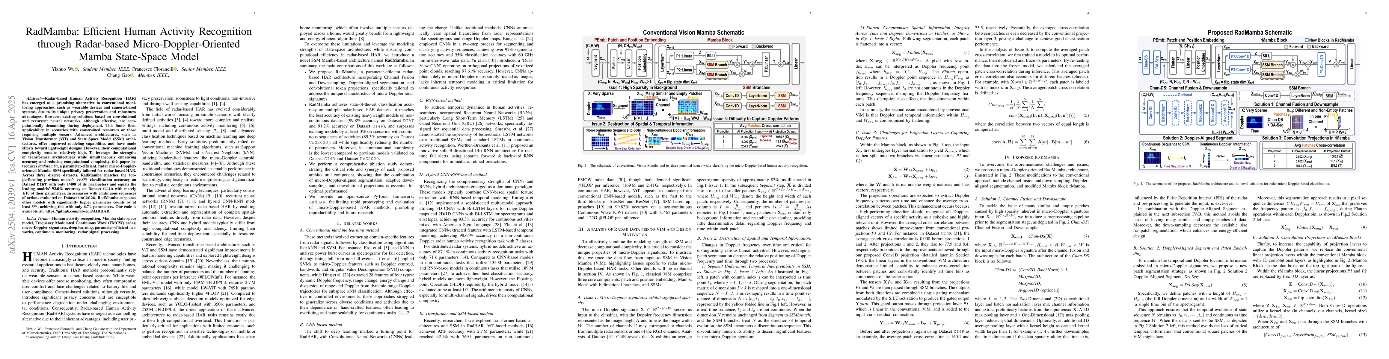 Thumbnail for RadMamba: Efficient Human Activity Recognition through Radar-based
  Micro-Doppler-Oriented Mamba State-Space Model