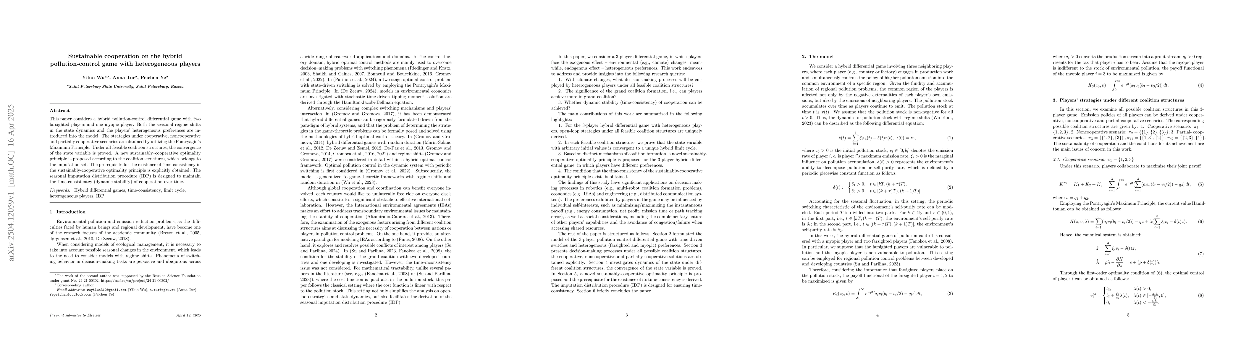 Thumbnail for Sustainable cooperation on the hybrid pollution-control game with
  heterogeneous players