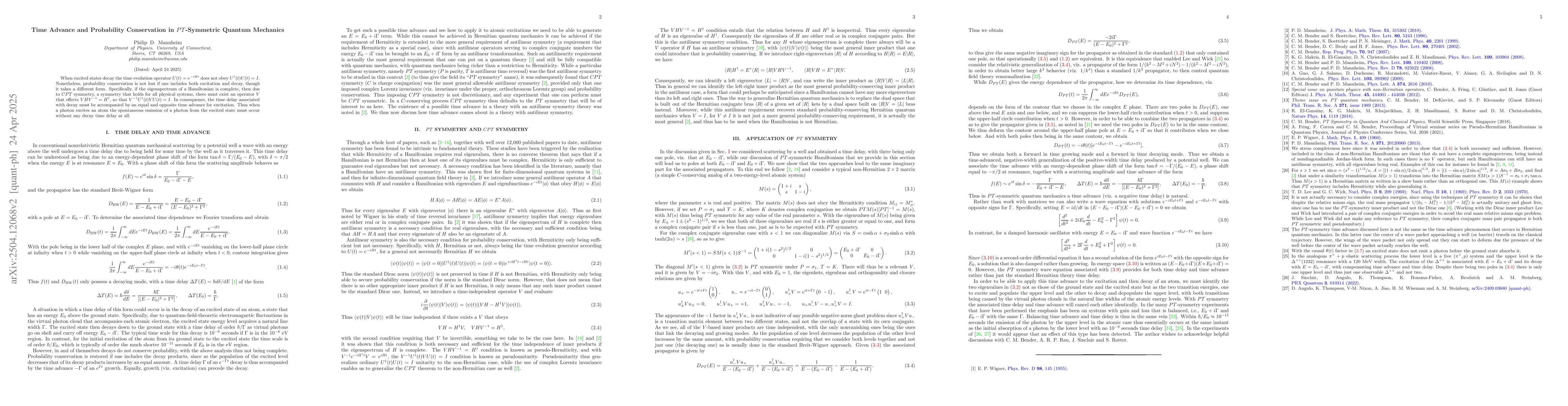 Thumbnail for Time Advance and Probability Conservation in $PT$-Symmetric Quantum
  Mechanics