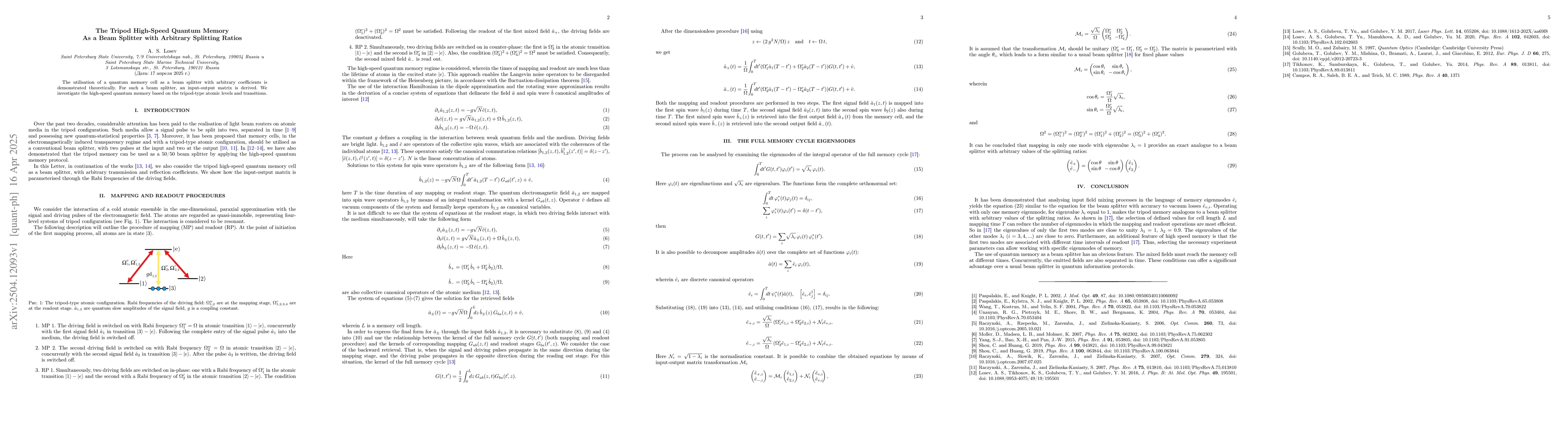 Thumbnail for The Tripod High-Speed Quantum Memory As a Beam Splitter with Arbitrary
  Splitting Ratios