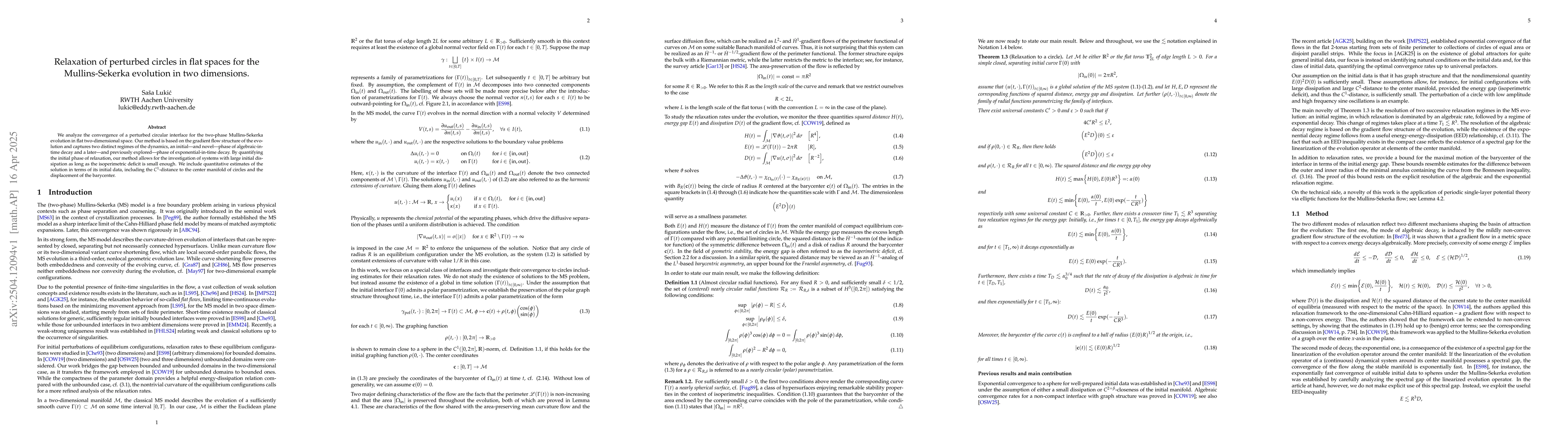 Thumbnail for Relaxation of perturbed circles in flat spaces for the Mullins-Sekerka
  evolution in two dimensions