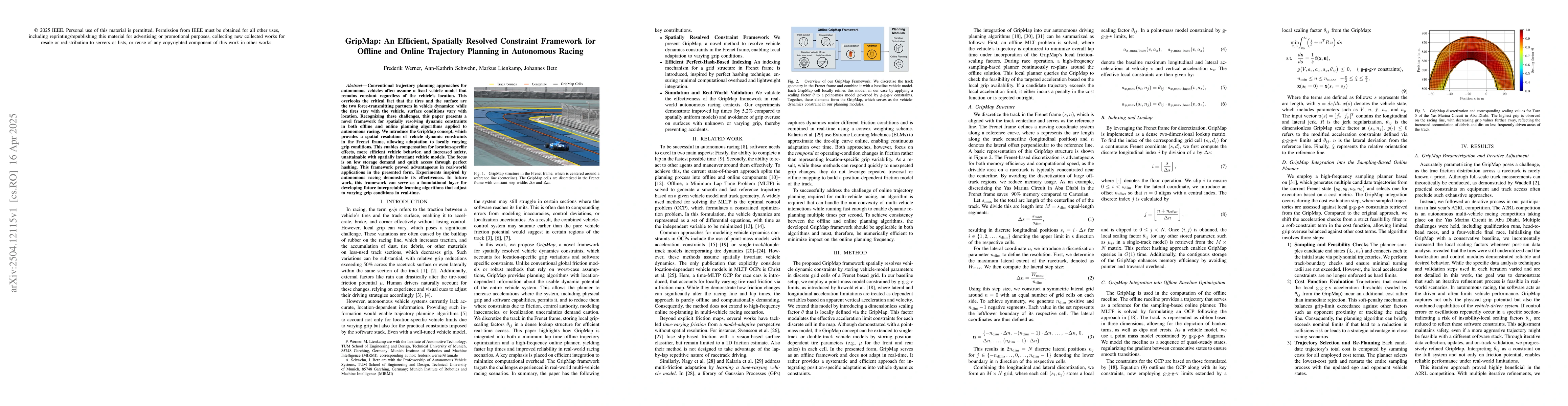 Thumbnail for GripMap: An Efficient, Spatially Resolved Constraint Framework for
  Offline and Online Trajectory Planning in Autonomous Racing