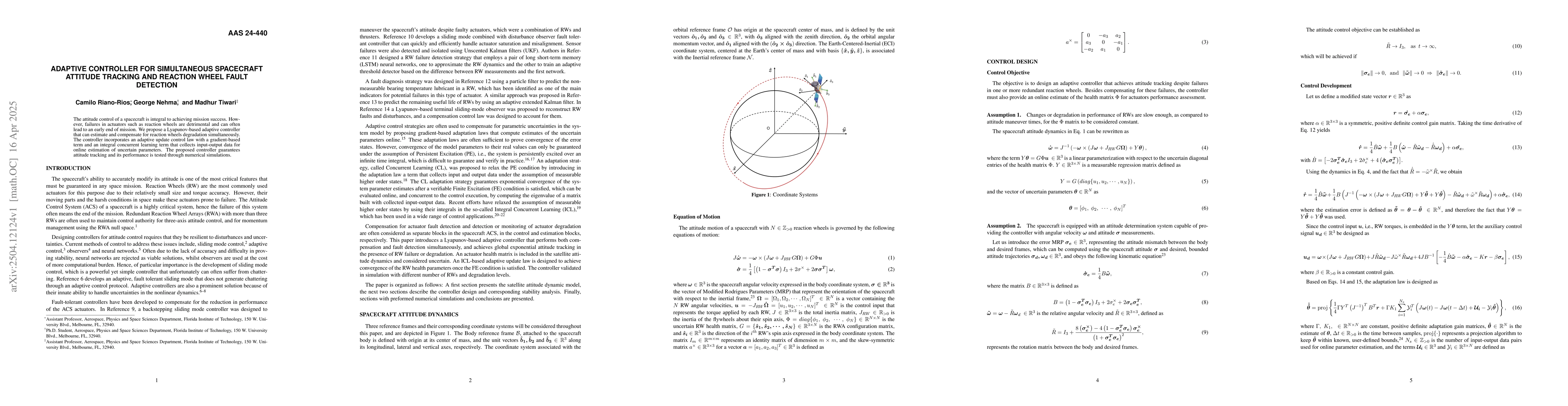 Thumbnail for Adaptive Controller For Simultaneous Spacecraft Attitude Tracking And
  Reaction Wheel Fault Detection