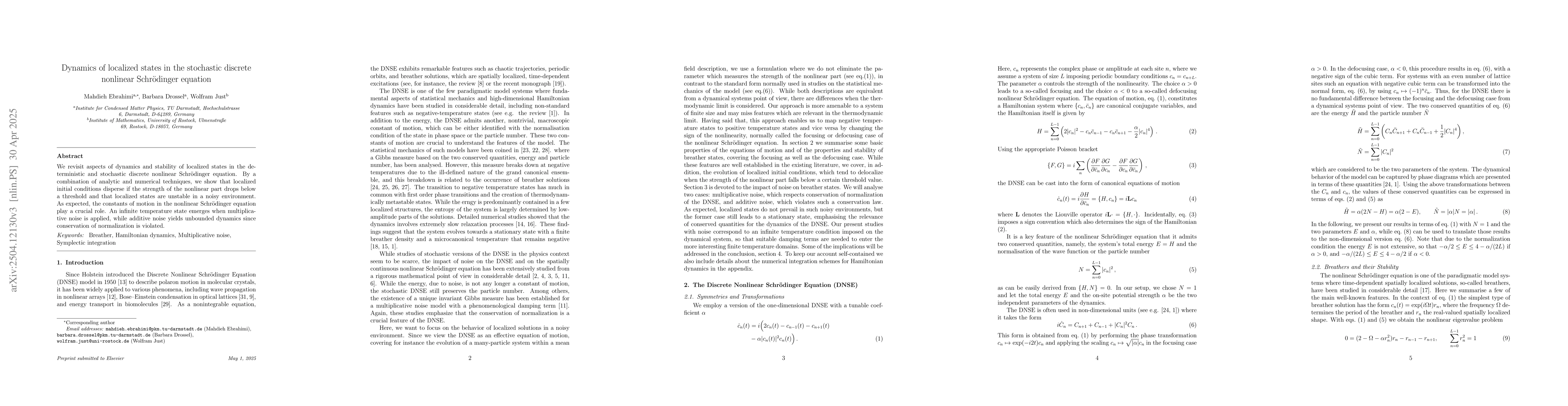 Thumbnail for Dynamics of localized states in the stochastic discrete nonlinear
  Schrödinger equation