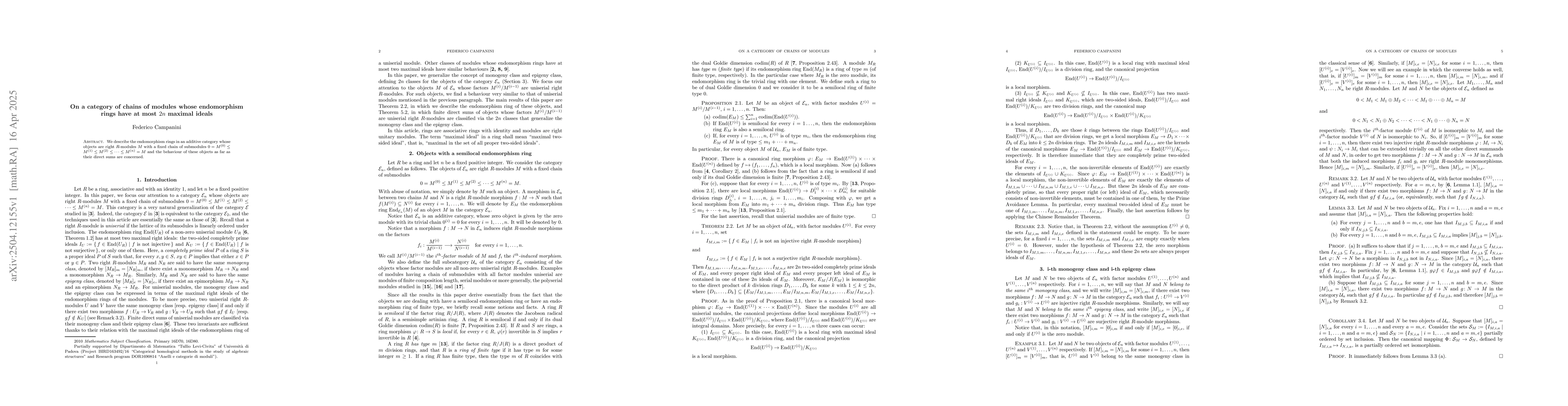 Thumbnail for On a category of chains of modules whose endomorphism rings have at most
  $2n$ maximal ideals