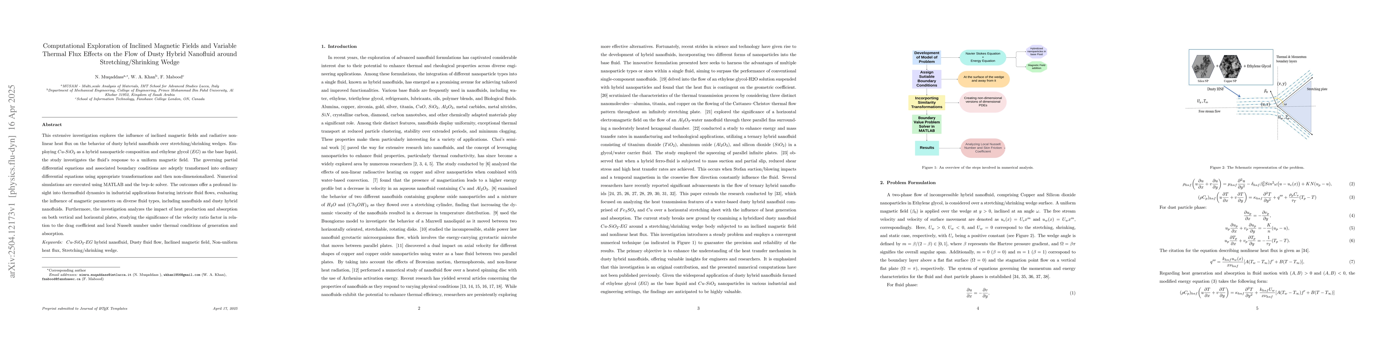 Thumbnail for Computational Exploration of Inclined Magnetic Fields and Variable
  Thermal Flux Effects on the Flow of Dusty Hybrid Nanofluid around
  Stretching/Shrinking Wedge