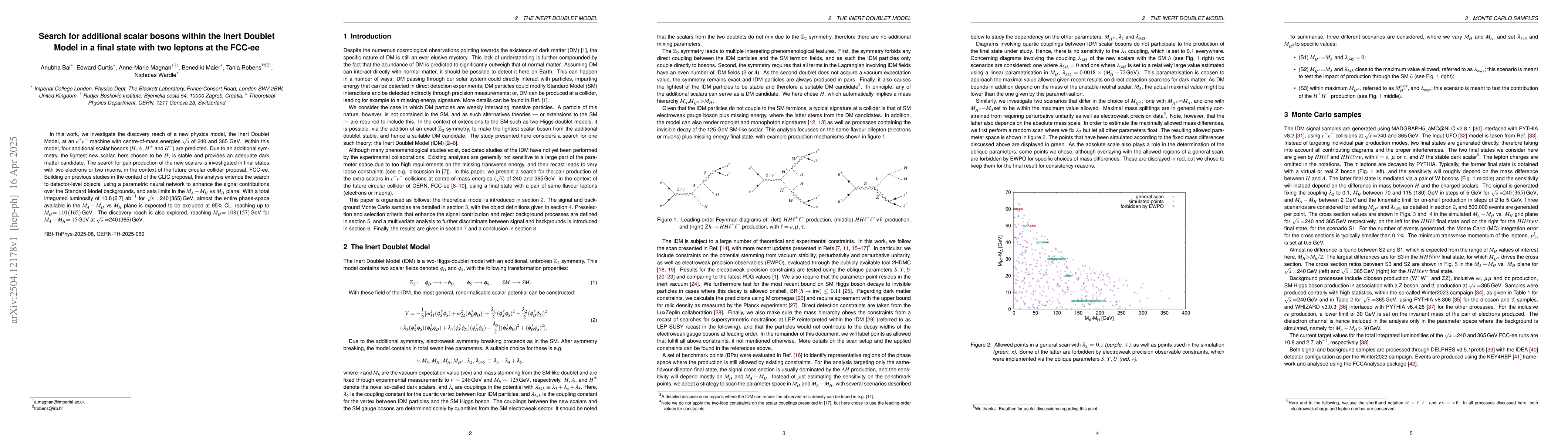 Thumbnail for Search for additional scalar bosons within the Inert Doublet Model in a
  final state with two leptons at the FCC-ee