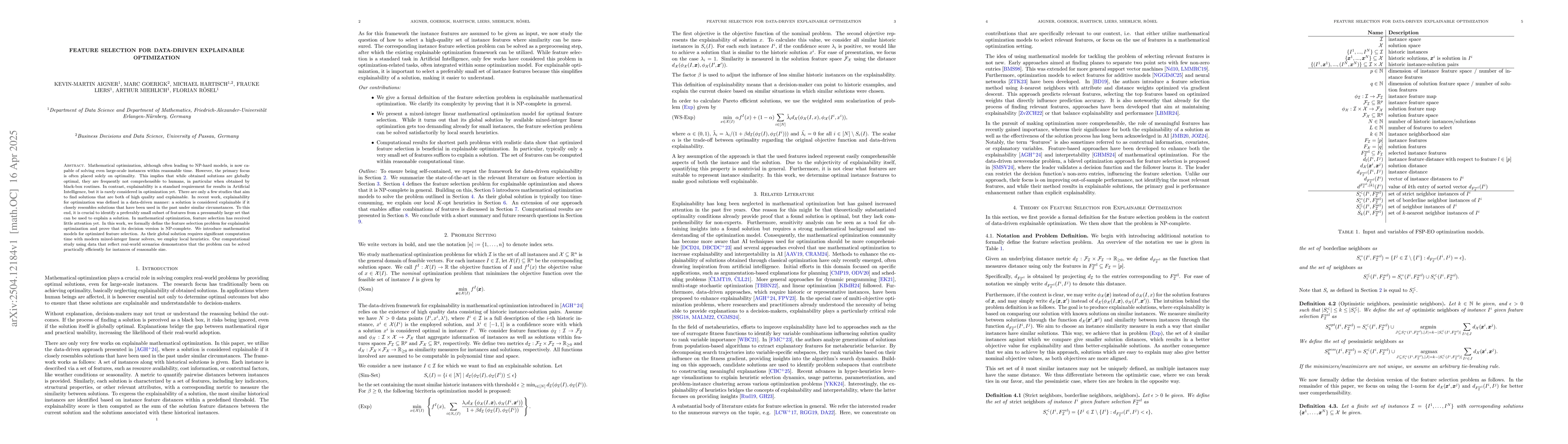 Thumbnail for Feature Selection for Data-driven Explainable Optimization