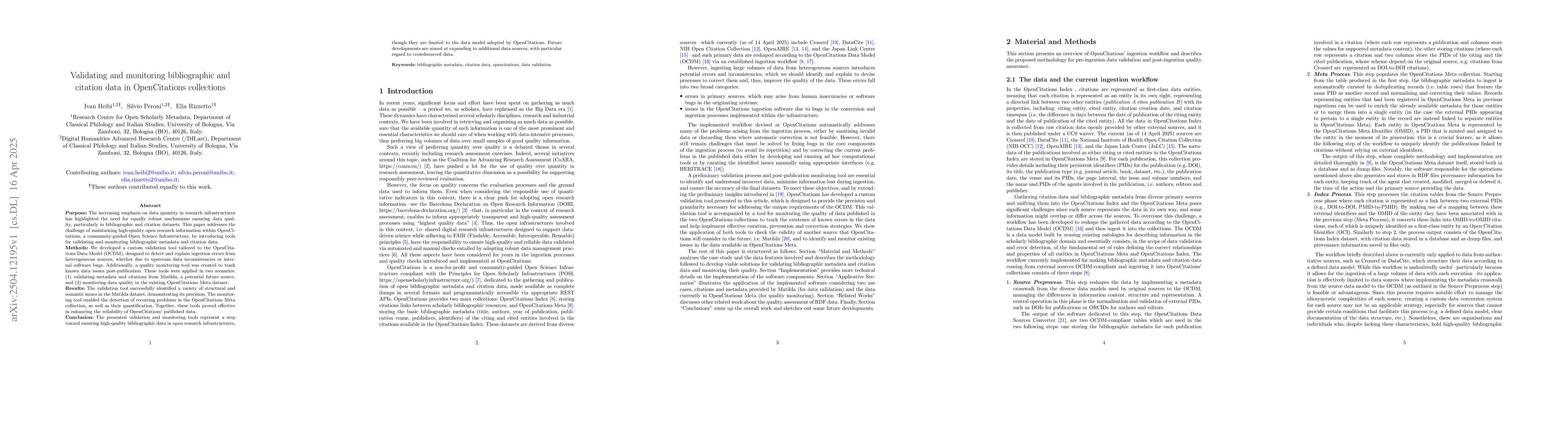 Thumbnail for Validating and monitoring bibliographic and citation data in
  OpenCitations collections