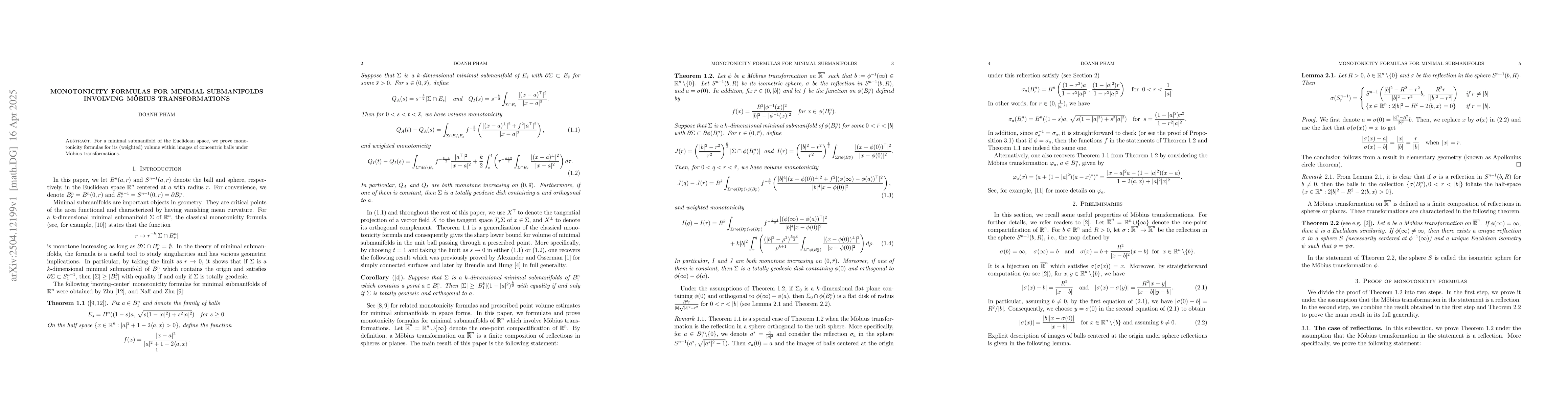 Thumbnail for Monotonicity formulas for minimal submanifolds involving Möbius
  transformations