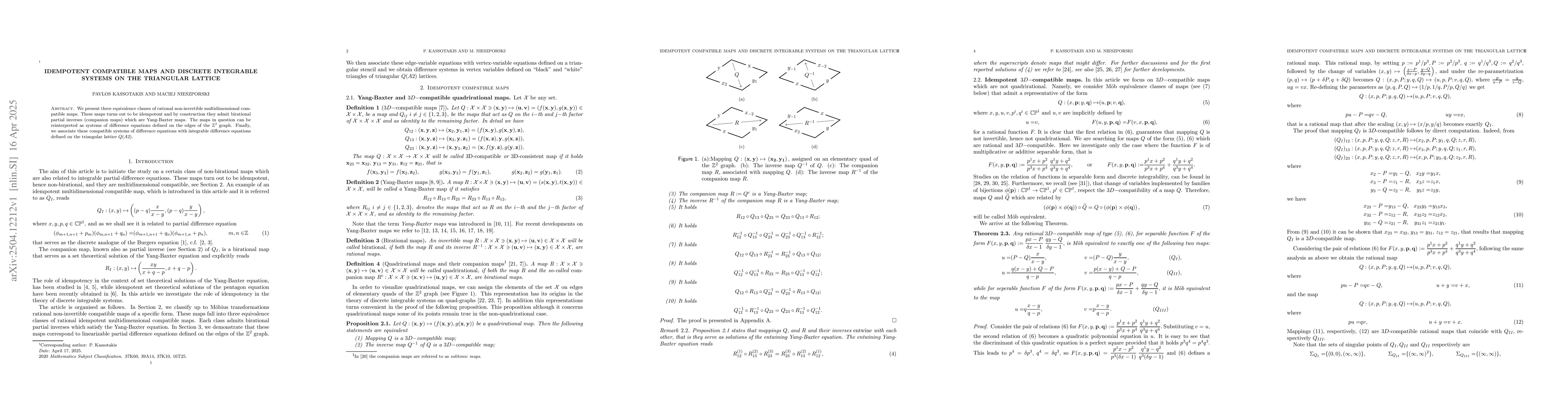 Thumbnail for Idempotent compatible maps and discrete integrable systems on the
  triangular lattice