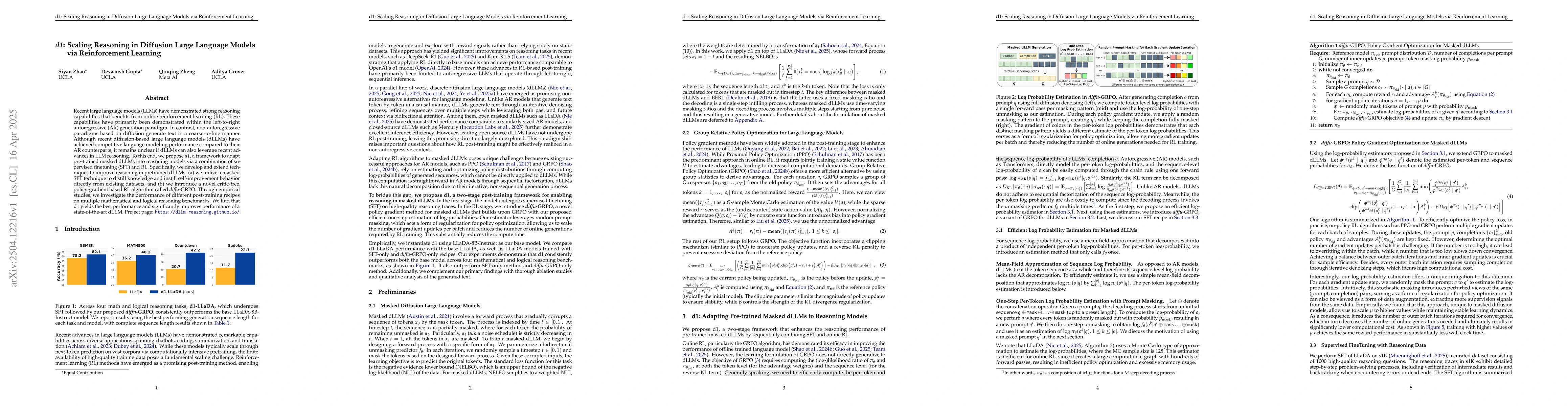 Thumbnail for d1: Scaling Reasoning in Diffusion Large Language Models via
  Reinforcement Learning