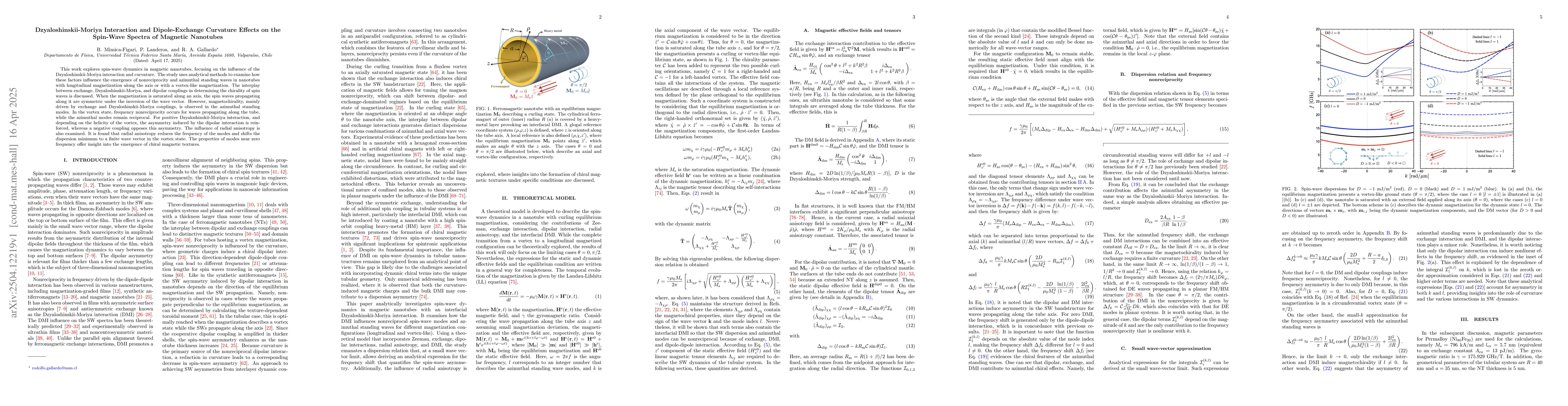 Thumbnail for Dzyaloshinskii-Moriya Interaction and Dipole-Exchange Curvature Effects
  on the Spin-Wave Spectra of Magnetic Nanotubes