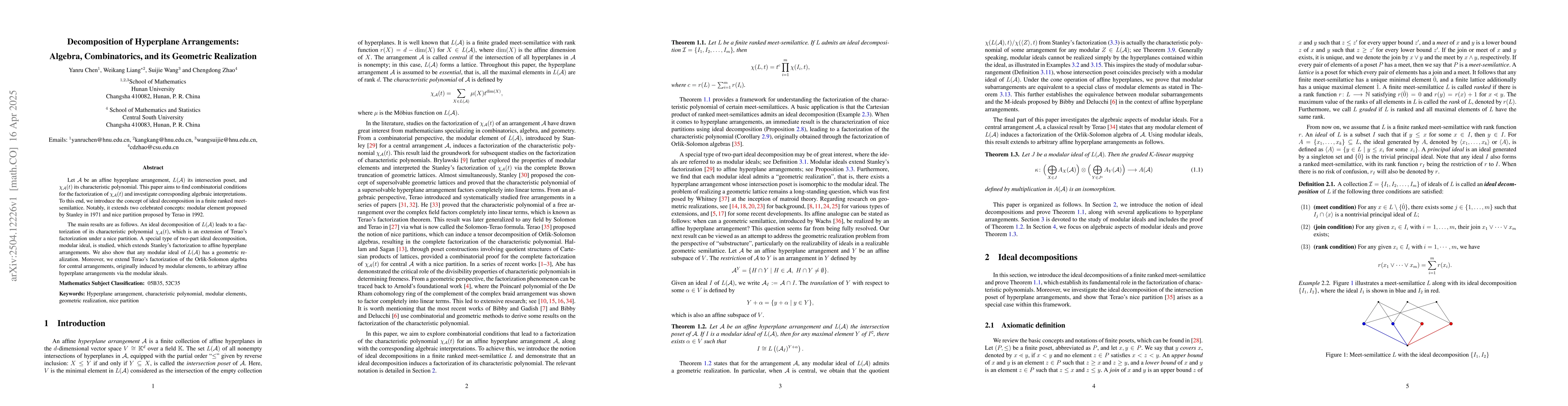 Thumbnail for Decomposition of Hyperplane Arrangements: Algebra, Combinatorics, and
  its Geometric Realization