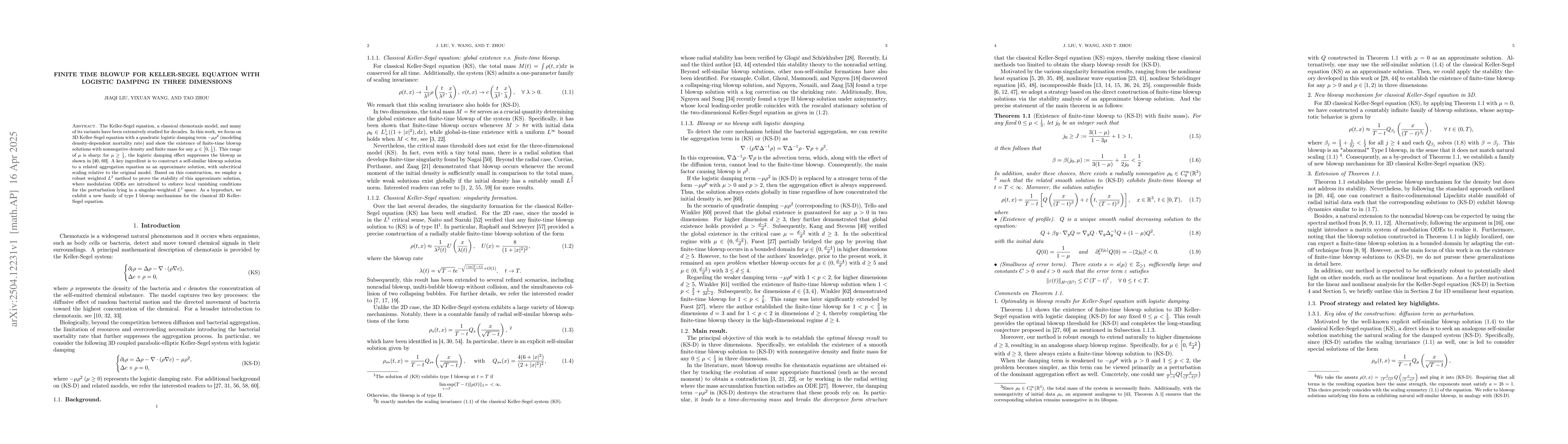 Thumbnail for Finite time blowup for Keller-Segel equation with logistic damping in
  three dimensions