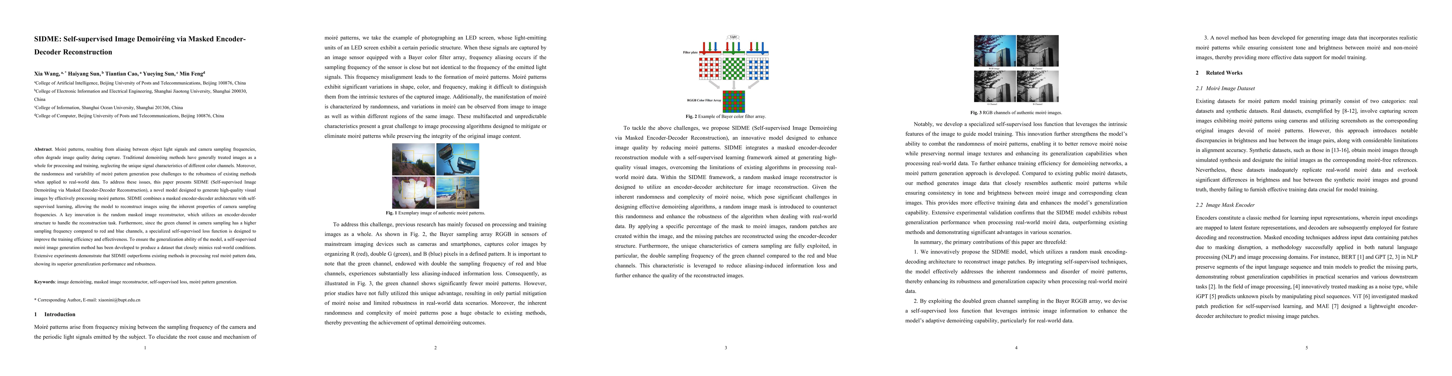 Thumbnail for SIDME: Self-supervised Image Demoiréing via Masked Encoder-Decoder
  Reconstruction