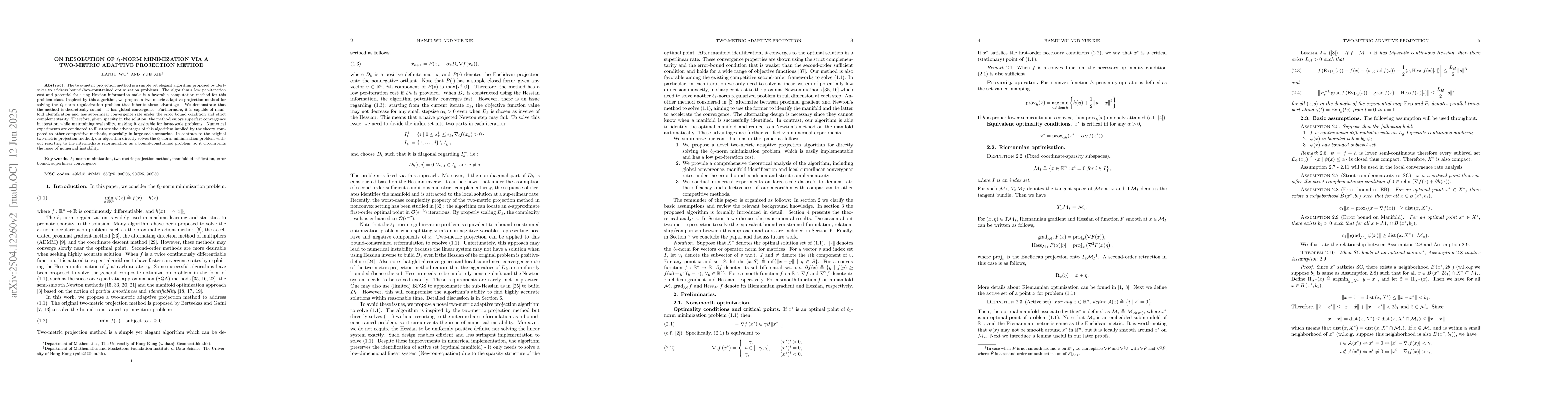Thumbnail for On resolution of L1-norm minimization via a two-metric adaptive
  projection method