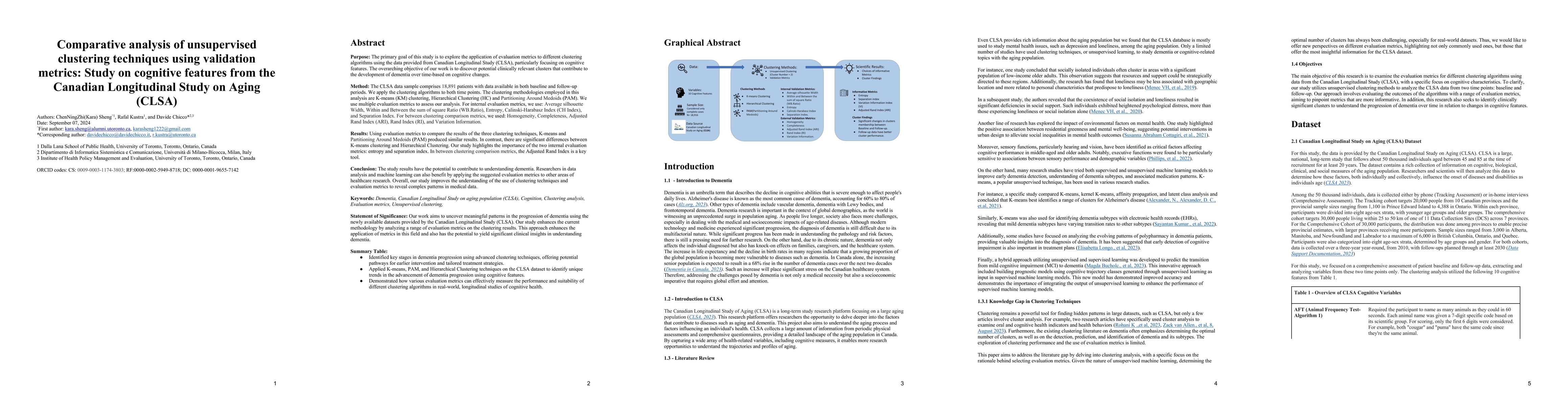 Thumbnail for Comparative analysis of unsupervised clustering techniques using
  validation metrics: Study on cognitive features from the Canadian
  Longitudinal Study on Aging (CLSA)