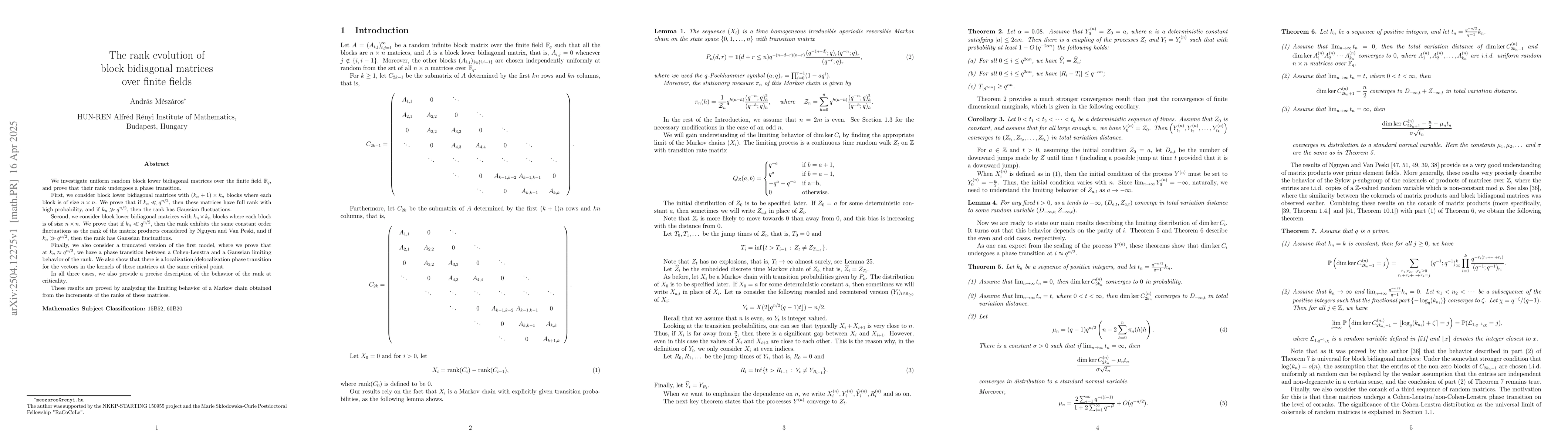 Thumbnail for The rank evolution of block bidiagonal matrices over finite fields