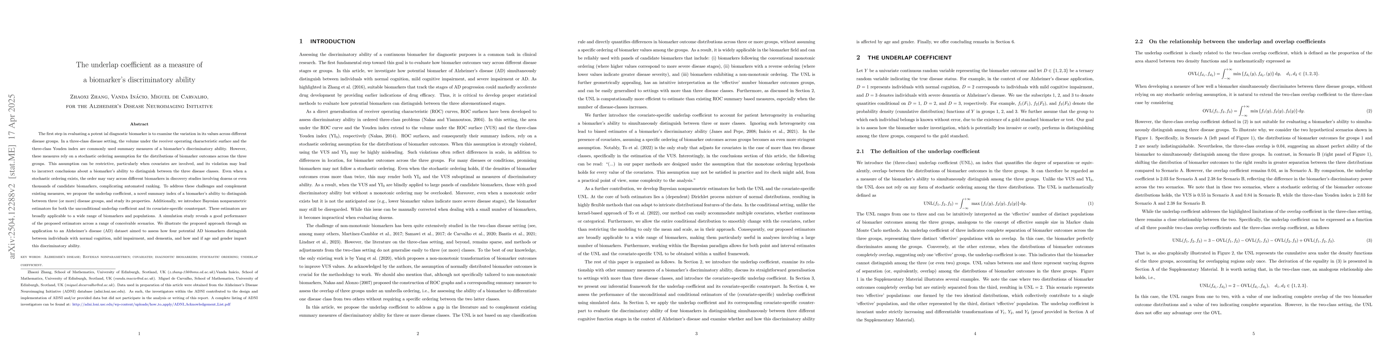 Thumbnail for The underlap coefficient as a measure of a biomarker's discriminatory
  ability