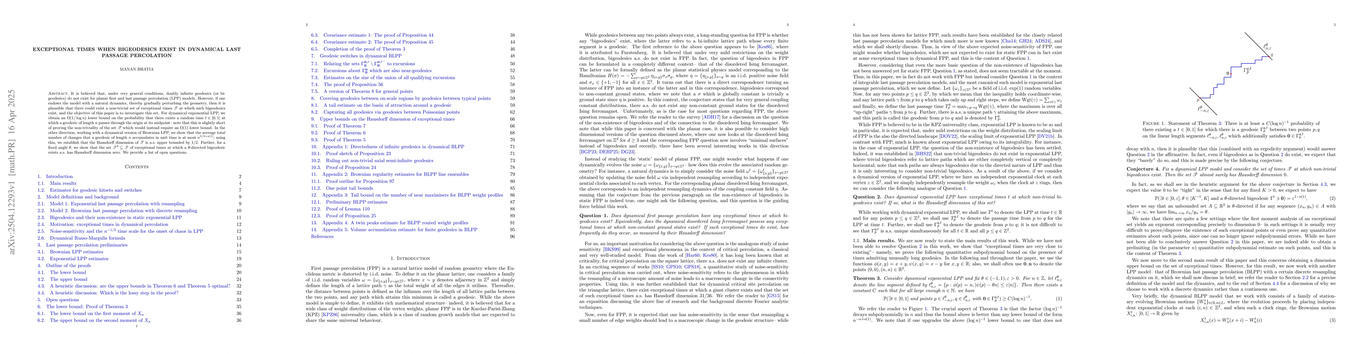 Thumbnail for Exceptional times when bigeodesics exist in dynamical last passage
  percolation