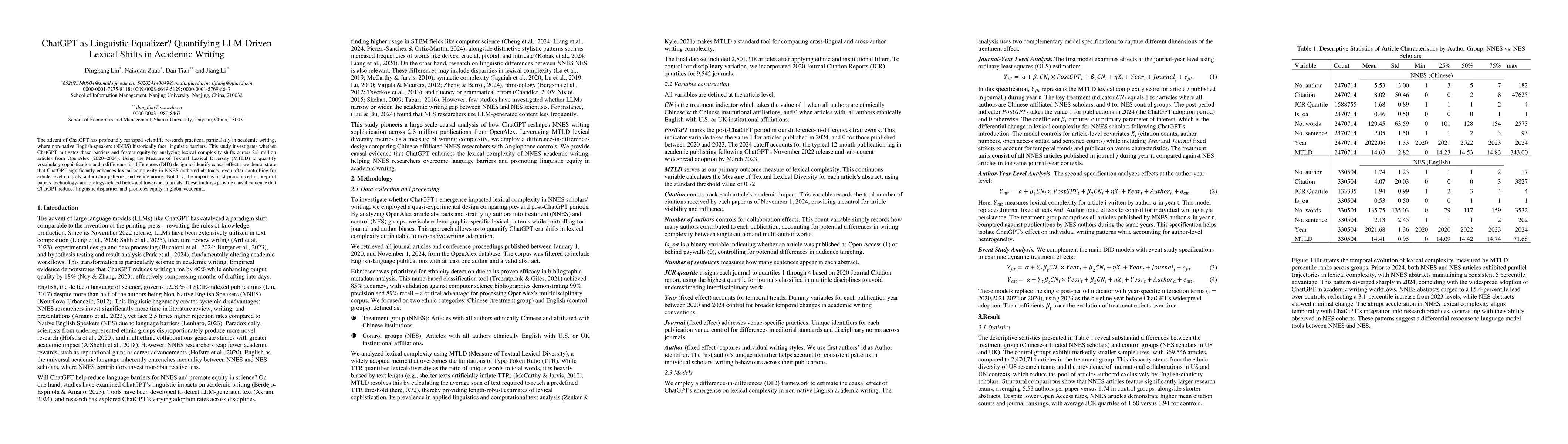 Thumbnail for ChatGPT as Linguistic Equalizer? Quantifying LLM-Driven Lexical Shifts
  in Academic Writing