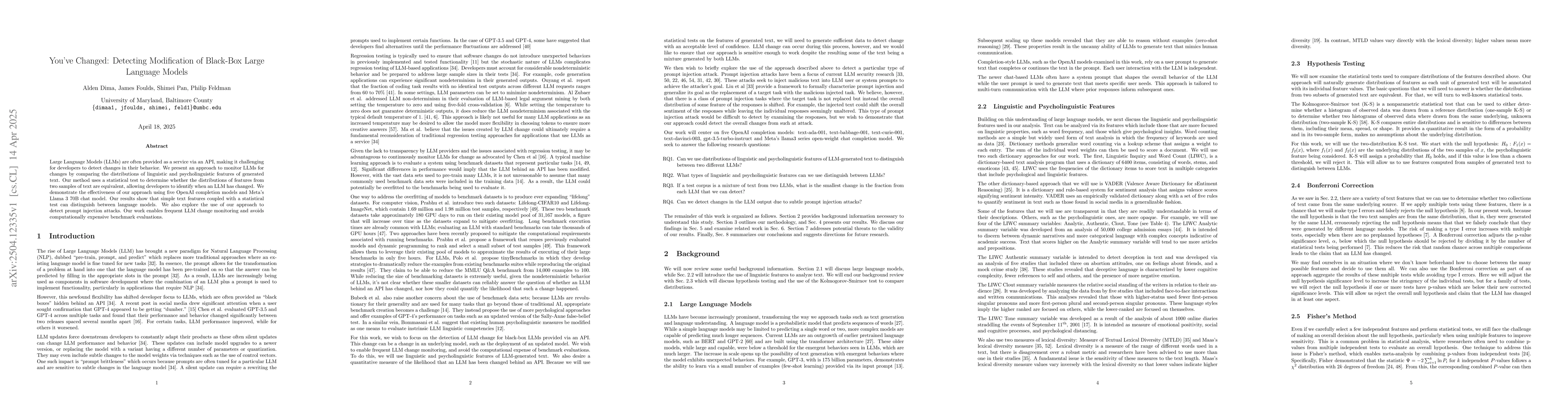 Thumbnail for You've Changed: Detecting Modification of Black-Box Large Language
  Models